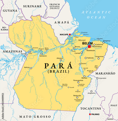 Para, a state in Brazil, political map, with capital Belem. Traversed by the Amazon River, bordering Guyana, Suriname, and the states of Amapa, Maranhao, Tocantins, Mato Grosso, Amazonas and Roraima.