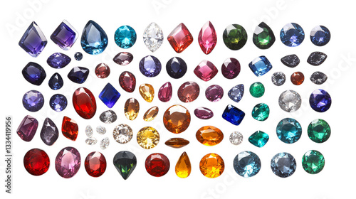 Assorted colorful gemstones collection - diamonds, rubies, sapphires, emeralds, topaz