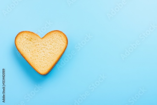 A heart-shaped slice of bread on a blue background, evoking feelings of love and creativity in food presentation.