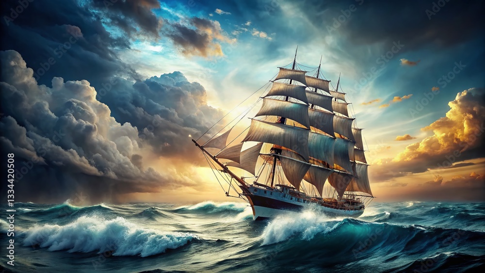 Colorful Clipper Ship Braving Stormy Seas: A Dangerous Adventure at Sea
