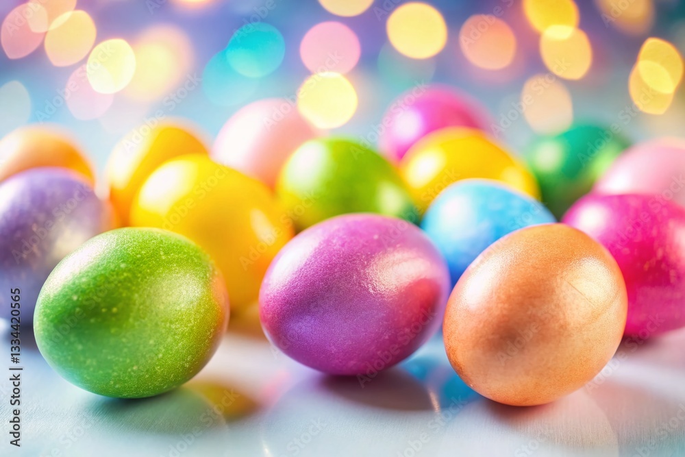 Colorful Easter Eggs on White Background with Bokeh - Festive Spring Holiday Decoration