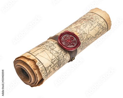 Ancient map rolled into scroll with wax seal, showcasing intricate details and historical significance. Perfect for adventure enthusiasts and history lovers photo