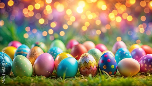 Obraz na płótnie Colorful Easter Eggs Bokeh Background - Festive Spring Holiday Decoration w salonie
