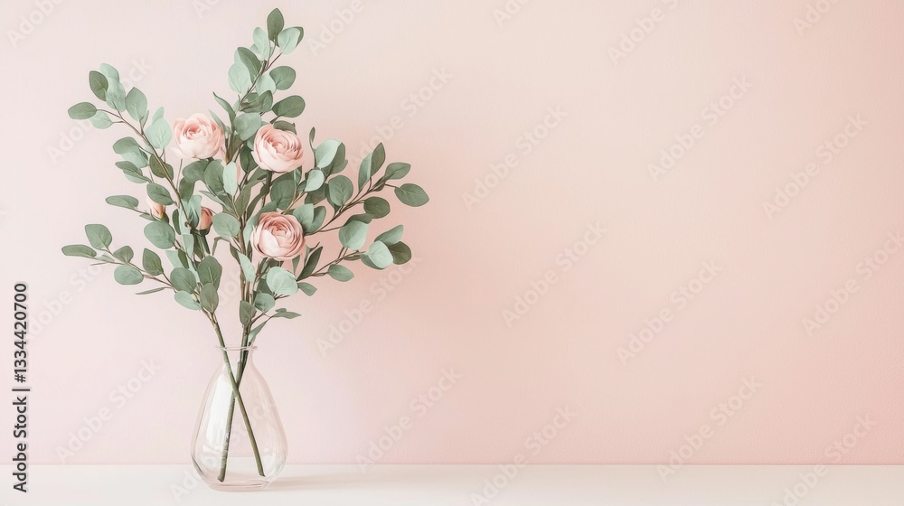 A clear glass vase holds a bouquet of pink roses and green eucalyptus leaves against a soft pink backdrop. A clear glass vase holds a bouquet of pink roses and green eucalyptus leaves against a soft pink backdrop.