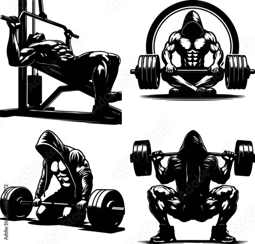 A set of Bodybuilder Doing Squat Deadlift Bench Press in Stylized Cartoon Art