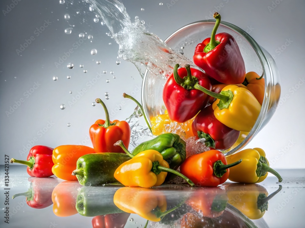 Colorful Peppers Spilled from Glass Jar, Close-up Detail, White Background Reflection