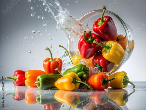 Colorful Peppers Spilled from Glass Jar, Close-up Detail, White Background Reflection