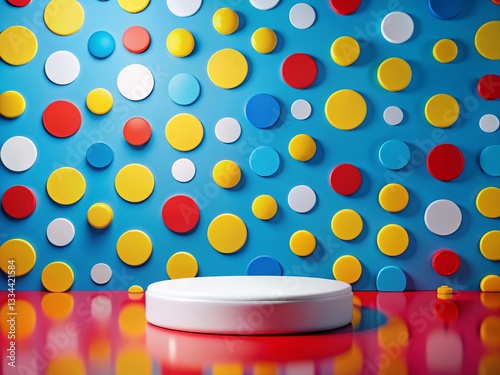 Obraz na płótnie Colorful Polka Dot Background with Empty Round Podium for Product Display w salonie