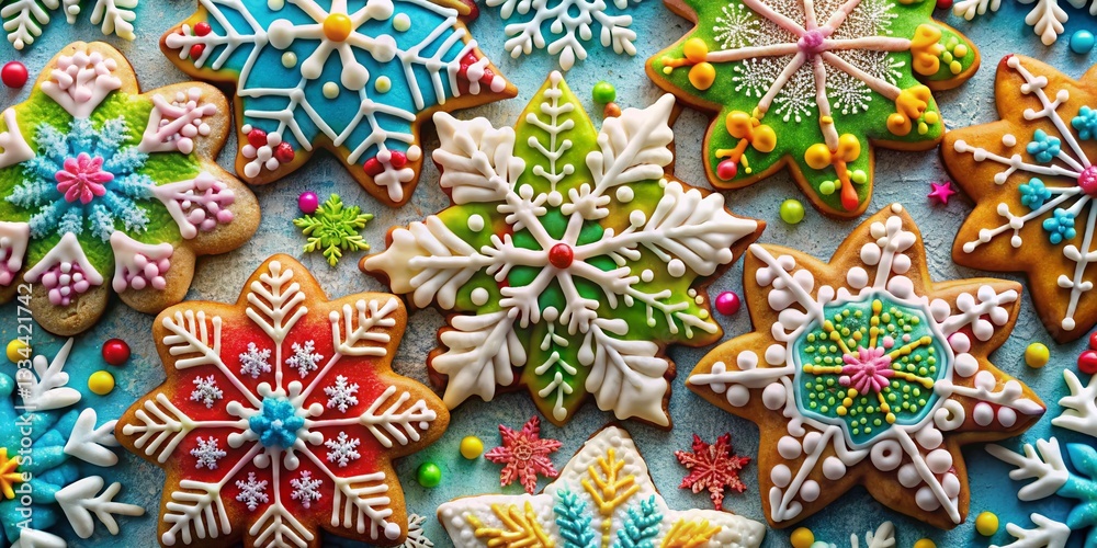 Colorful Snowflake Patterns, Winter Wonderland Digital Art, Abstract Festive Background, Seasonal Design, Creative Food Photography