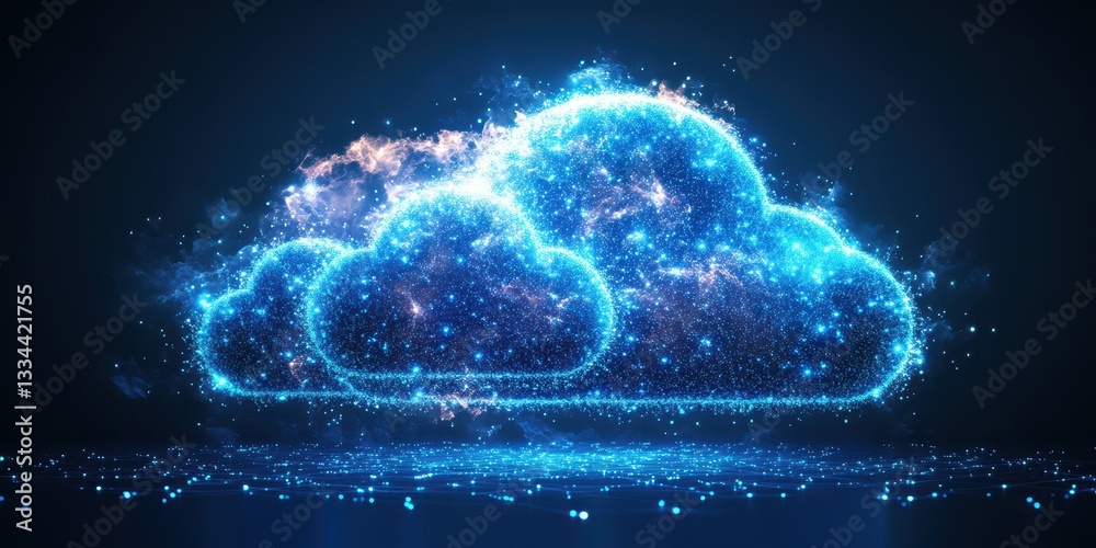 Digital clouds illuminated with glowing particles floating in a dark space