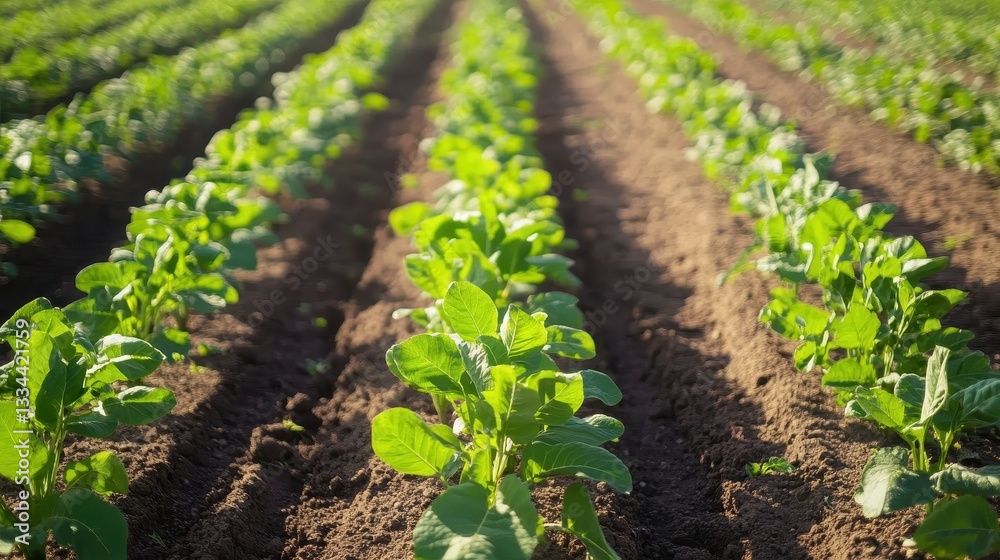 Fresh Green Plants Growing in Rows Under Bright Sunlight Fresh Green Plants Growing in Rows Under Bright Sunlight