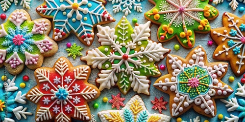 Obraz na płótnie Colorful Snowflake Patterns, Winter Wonderland Digital Art, Abstract Festive Background, Seasonal Design, Creative Food Photography w salonie