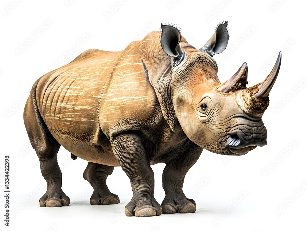 Obraz premium A majestic adult white rhinoceros stands majestically against a pure white background showcasing its detailed textures and powerful presence.