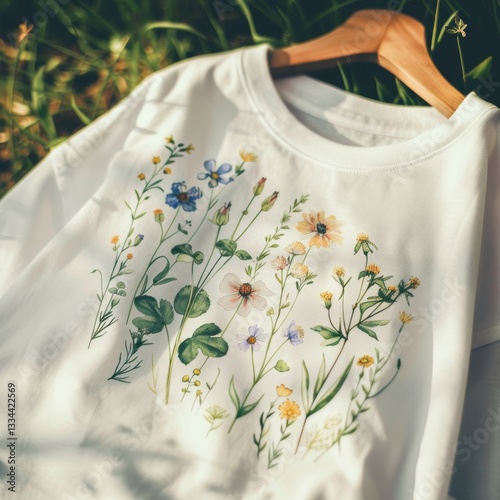 Delicate Watercolor Illustration of Flowers, Leaves, and Botanical Elements for Teeshirts photo
