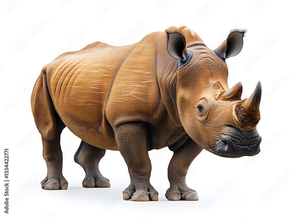 Fototapeta premium A large adult white rhinoceros stands majestically against a pure white background showcasing its thick hide and powerful build.