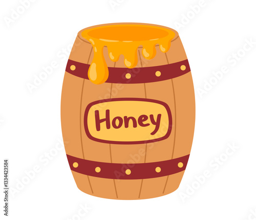 Wooden barrel with honey. Bee honey and apiary concept. Vector illustration isolated on white background