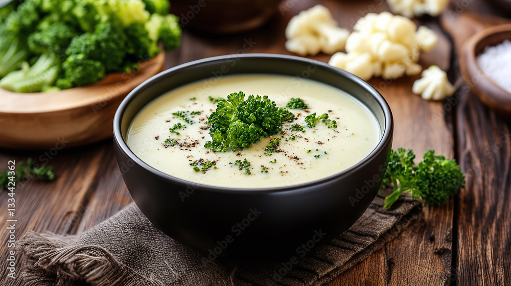 Creamy broccoli soup with cauliflower garnish Creamy broccoli soup with cauliflower garnish