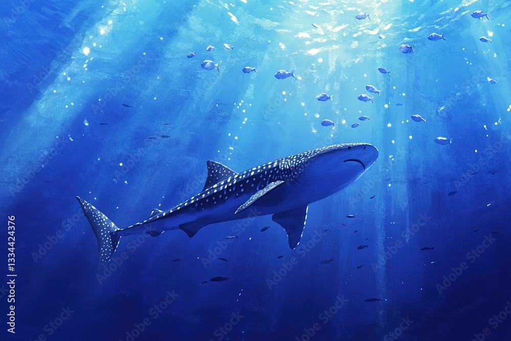 Fototapeta premium Whale shark swimming underwater with sun rays shining through the ocean surface