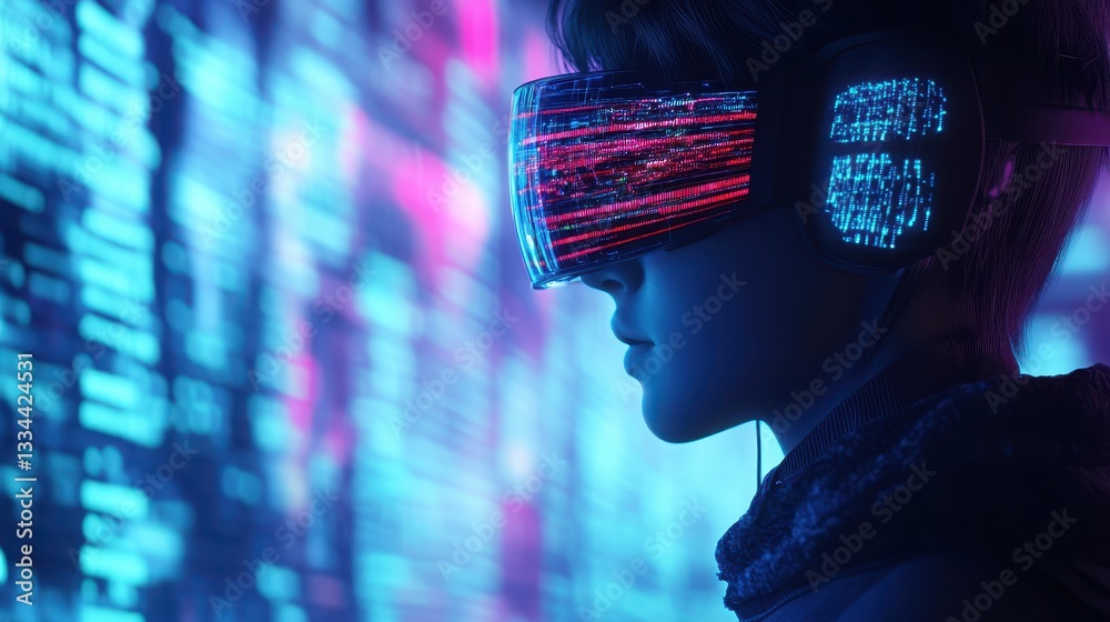 custom made wallpaper toronto digitalFuturistic Individual in Virtual Reality with Neon Light Background