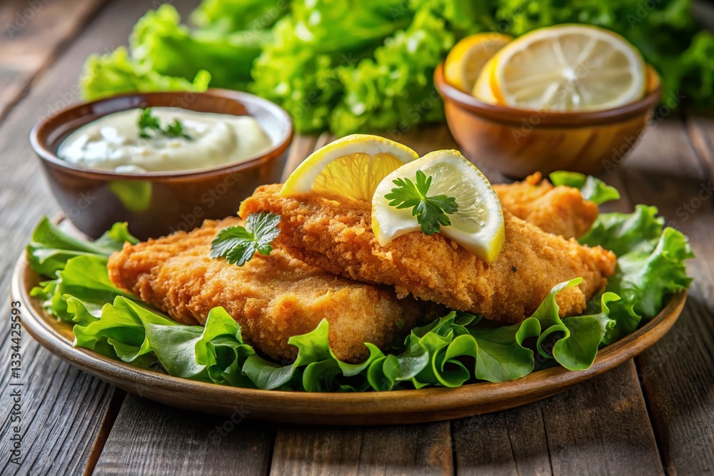 Crispy Breaded Fish Fillet with Lemon & Tartar Sauce - Gastronomic Food Photography Crispy Breaded Fish Fillet with Lemon & Tartar Sauce - Gastronomic Food Photography