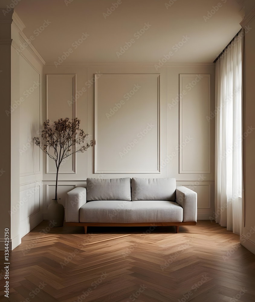 Fototapeta premium A white wall panelling with a sofa and a wooden floor.