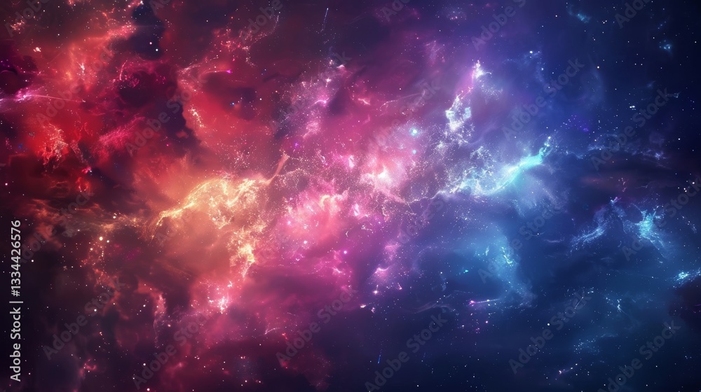 Fototapeta premium Awe-Inspiring Nebula Displaying Vibrant Colors: Red, Orange, Pink, Purple, and Blue Blending Seamlessly in a Cosmic Dance of Dust and Stellar Light