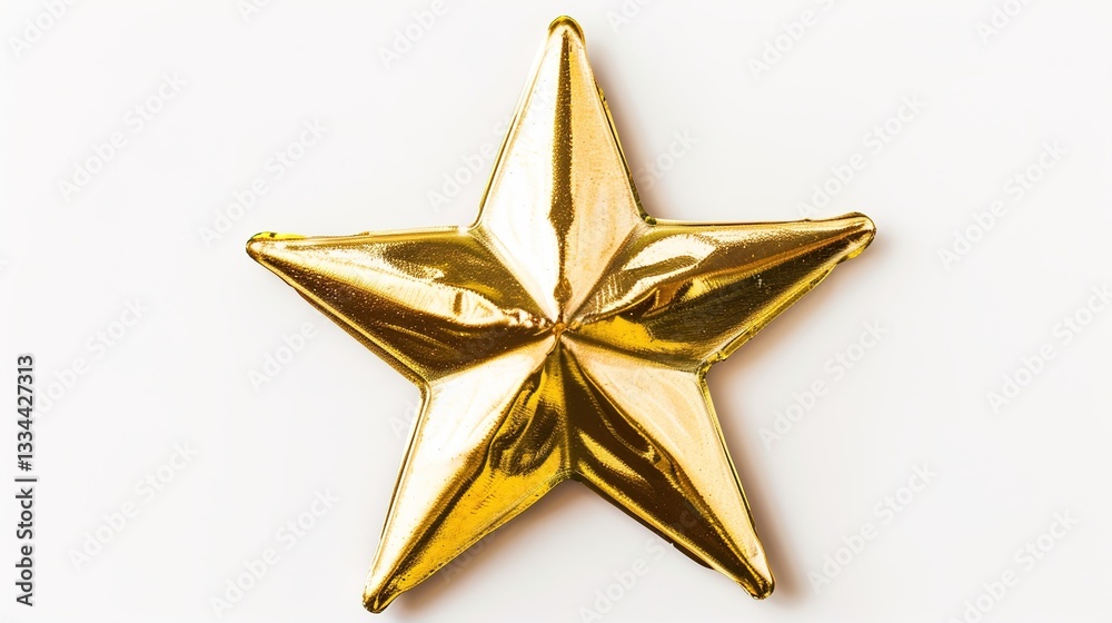 Obraz premium A shining and elegant gold star, created through generative AI, is distinctly isolated on a pure white background. The golden hue of the star glows brightly, making it a striking and eye-catching elem