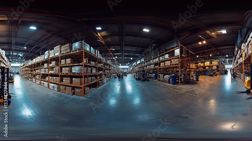 A panoramic view of an expansive warehouse with high ceilings, rows of racking and shelves filled with boxes, and forklifts in motion on polished concrete floors. The bright yet soft lighting highligh