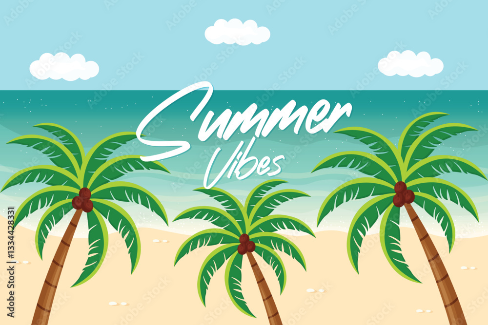 Obraz premium Summer Vibes Postcard Design with Palms Flat Vector Illustration.
