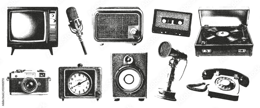 Retro collage photocopy elements a film camera, a vintage clock, radio, a microphone, antique telephone, record player, old TV. Vector illustration.
