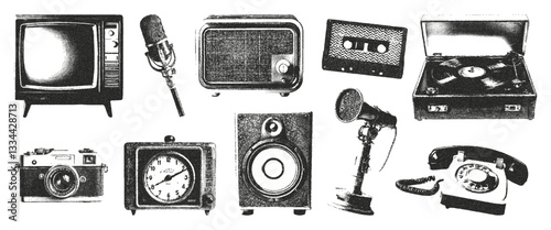 Retro collage photocopy elements a film camera, a vintage clock, radio, a microphone, antique telephone, record player, old TV. Vector illustration.
