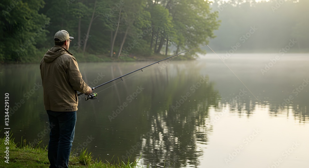 Enjoying a Calm Morning Fishing by the Misty Lake in Nature Enjoying a Calm Morning Fishing by the Misty Lake in Nature
