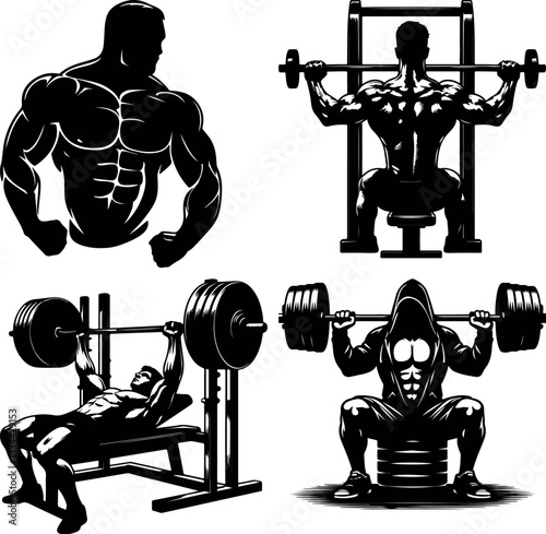 A set of Detailed Black and White Illustration of Bodybuilders Squatting Pressing Deadlifting and Bench Pressing