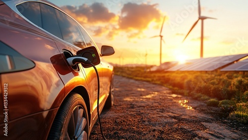 Close-up of an electric car charging at sunset, with solar panels and wind turbines in the background. The sun is setting behind them,