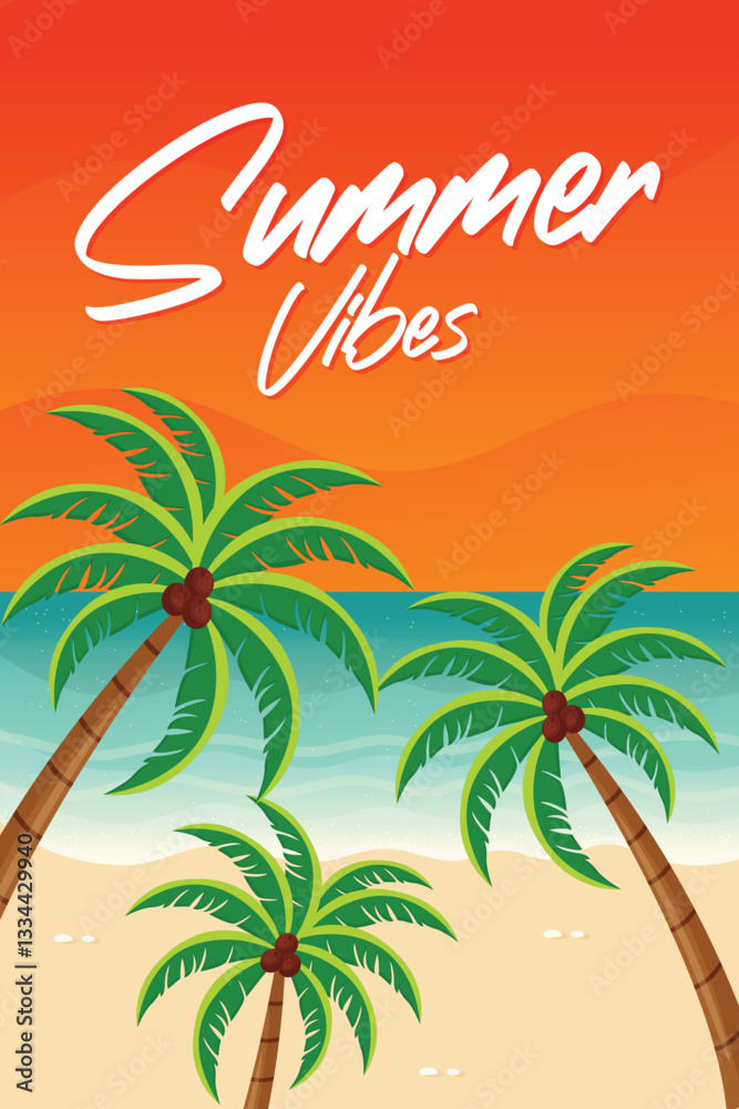 Fototapeta premium Summer Postcard Design with Palm Trees Flat Vector Illustration.