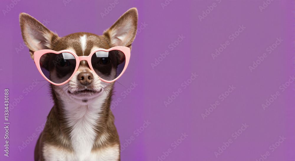 Fototapeta premium Chihuahua wearing pink heart sunglasses against purple background
