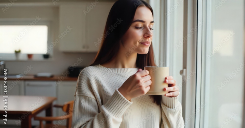 Woman Enjoying a Cozy Morning Coffee by the Window Woman Enjoying a Cozy Morning Coffee by the Window