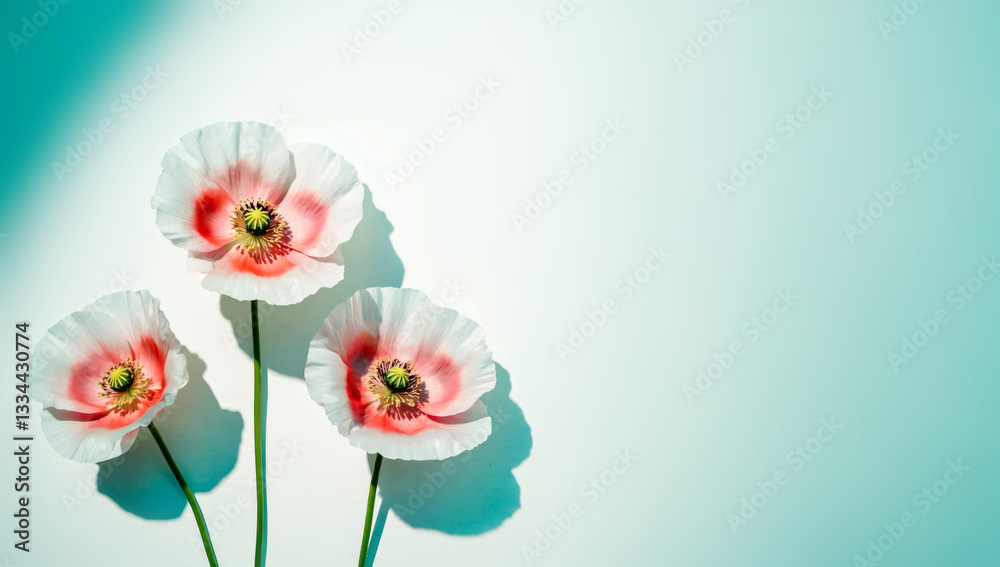 Flower composition with three delicate poppies on soft gradient background with copy space. Concept of floral backgrounds, nature-inspired designs, botanical presentations, and romantic aesthetics Flower composition with three delicate poppies on soft gradient background with copy space. Concept of floral backgrounds, nature-inspired designs, botanical presentations, and romantic aesthetics