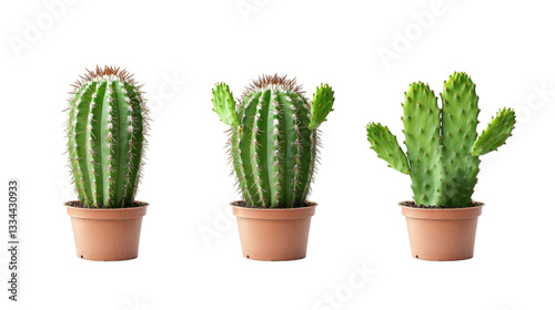 Various cactus plants in pots isolated on transparent background