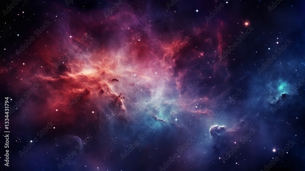 Fototapeta premium Breathtaking deep space nebula with vibrant hues of red, blue, and purple illuminating distant stars and celestial gas clouds