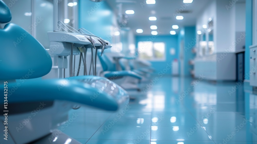 Bright and clean dentist office featuring rows of modern blue chairs and advanced equipment ready for patient appointments and professional oral healthcare services Bright and clean dentist office featuring rows of modern blue chairs and advanced equipment ready for patient appointments and professional oral healthcare services