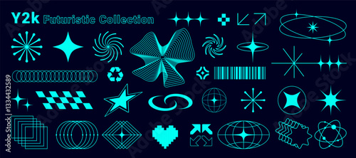 Neon set of futuristic Y2K & brutalism: abstract geometric shapes, minimalist elements, and Bauhaus-inspired forms for web, branding, and modern design