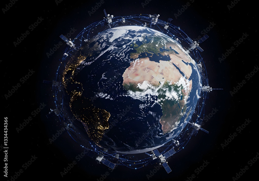 Fototapeta premium World Telecommunication Day Special – Earth with High-Tech Satellites and Glowing Signal Lines