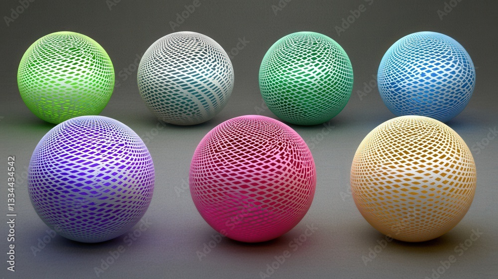 Colorful Geometric Spheres with Mesh Patterns on a Gray Background for Abstract Designs Colorful Geometric Spheres with Mesh Patterns on a Gray Background for Abstract Designs