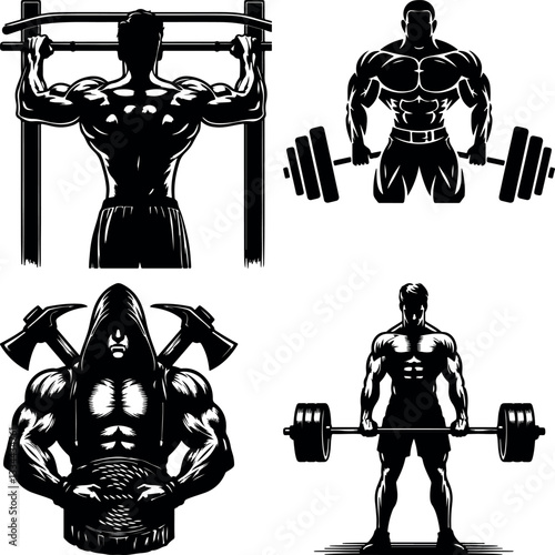 Four Male Bodybuilders Performing Strength Training Exercises in Vintage Black and White Illustration
