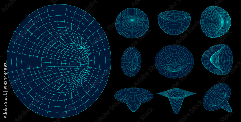 Fototapeta premium Set of retrofuturistic design elements. Perspective grids, tunnels, RETRO title, polar grid, geometry, portals, gravity visualization. Pack of cyberpunk 80s style design elements. Vector