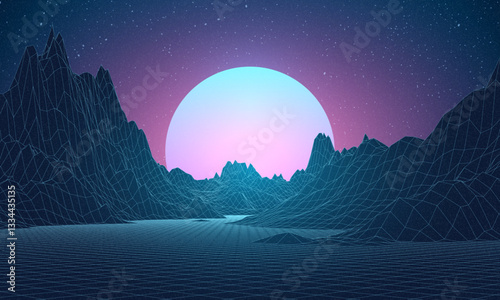Retro background futuristic landscape 1980s style. Digital retro landscape cyber surface. Retro music album cover template: sun, space, mountains . 80s Retro Sci-Fi Background Summer Landscape.