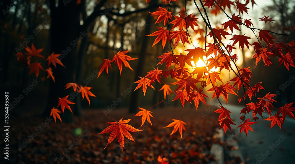 autumn leaves background, A moody, candid street photography style image featuring an autumn landscape at golden hour. Falling maple leaves, vibrant orange and red foliage against a soft-focus forest autumn leaves background, A moody, candid street photography style image featuring an autumn landscape at golden hour. Falling maple leaves, vibrant orange and red foliage against a soft-focus forest