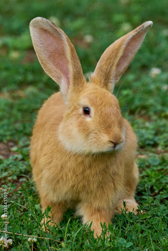 Domestic rabbit grazing on the grass
