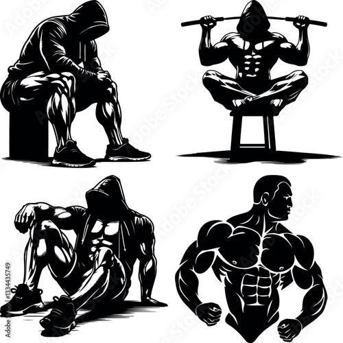 Four Male Bodybuilders Performing Strength Training Exercises in Vintage Black and White Illustration